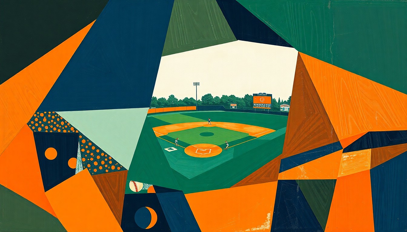 A cubist, geometric painting depicting a high school baseball game broken down into overlapping planes of navy, green, and orange, conceptually representing the team's emphasis on mastering the small details of the sport.