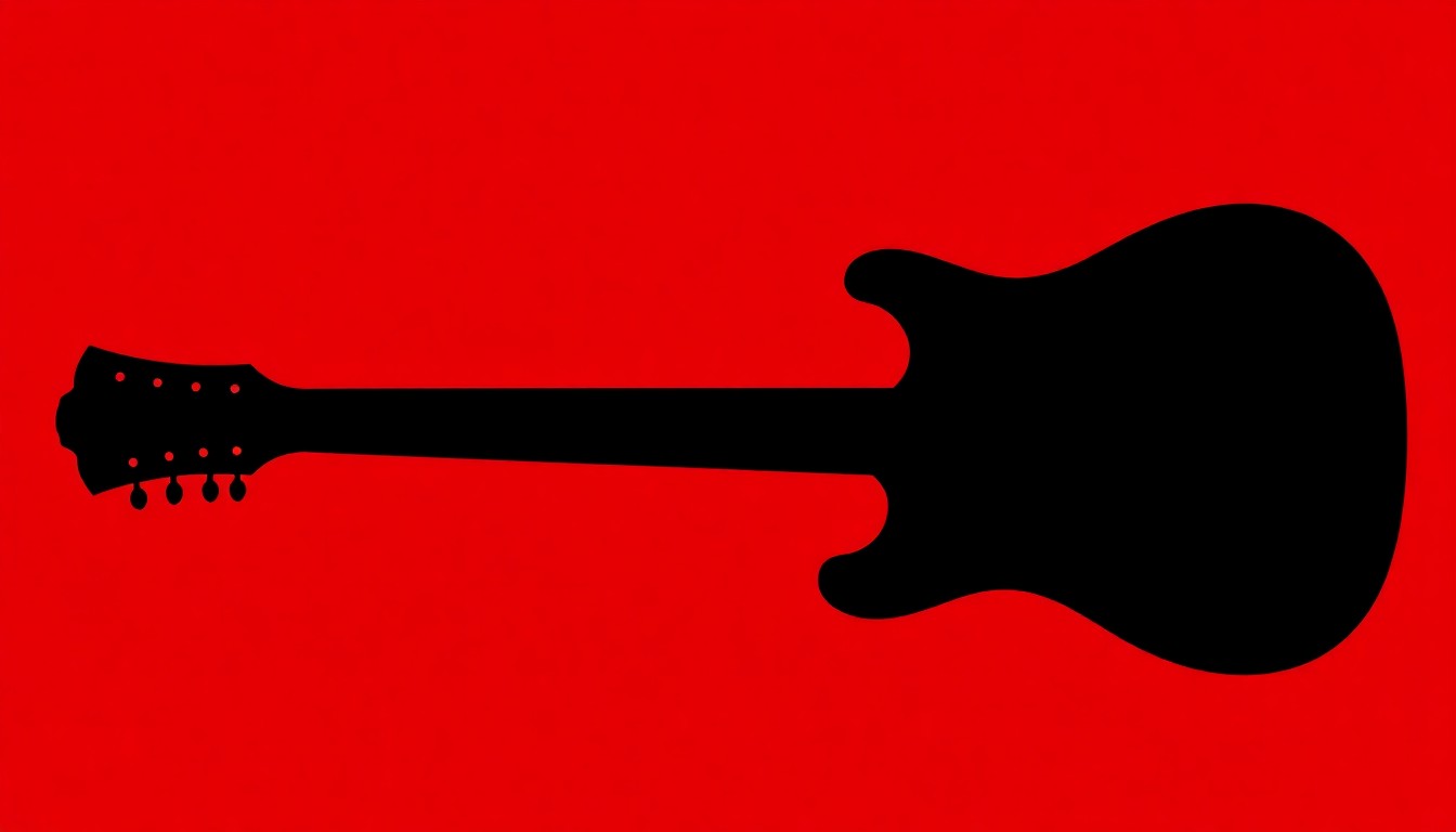 A stark, geometric black silhouette of an electric guitar against a vibrant red background, conveying the energetic and impactful nature of a benefit concert for a worthy cause.