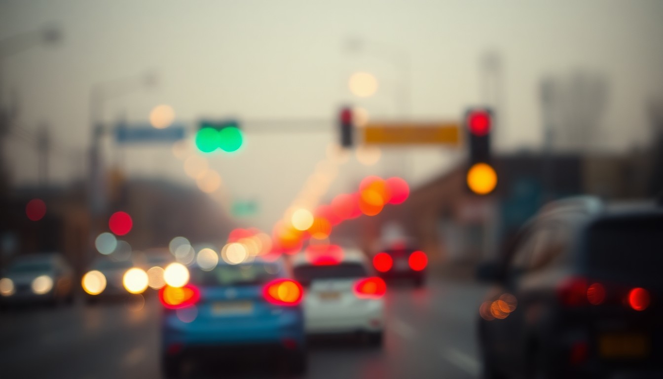 An abstract, impressionistic scene of blurred streetlights, traffic signals, and the silhouettes of passing cars in a warm, hazy color palette, conceptually representing the disruption to normal traffic patterns caused by road work.