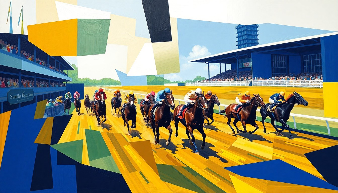 A cubist, geometric painting depicting a horse race at the Saratoga Race Course, with the horses and jockeys broken down into sharp, overlapping planes of navy blue, gold, and white.