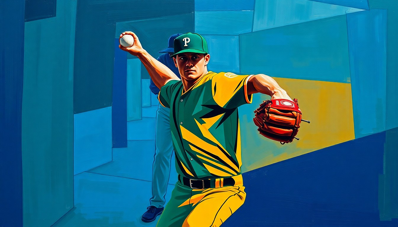 A fragmented, geometric painting in navy, green, and orange hues depicting the various angles and planes of a baseball pitcher's delivery, conveying the complex mechanics and control challenges facing the subject.