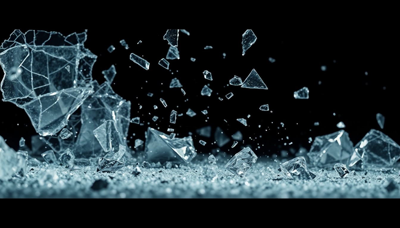 An abstract, high-contrast close-up image of shattered glass and crumpled metal, conveying the fragmentation and fallout of a news story through dramatic lighting and texture.
