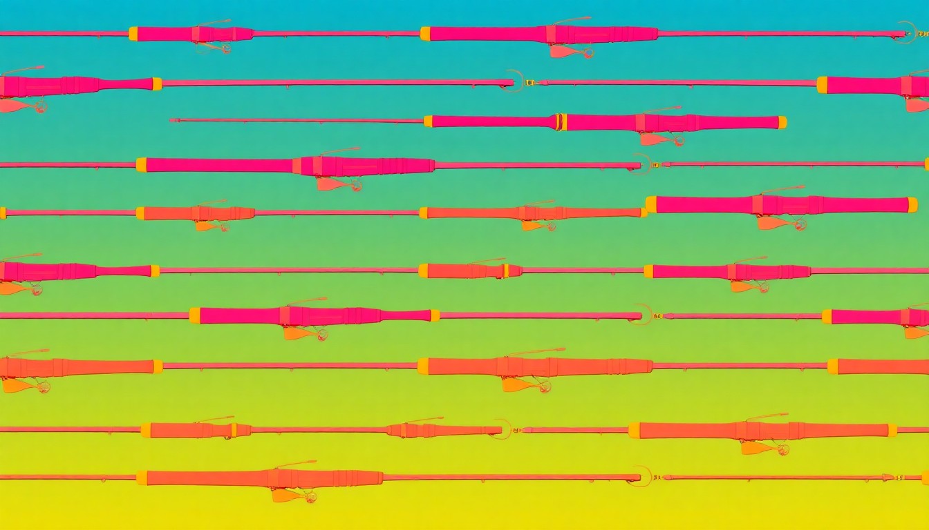 A brightly colored, high-contrast silkscreen print of a fishing rod repeated in a tight grid pattern, capturing the outdoor recreation and country living potential of the property in an abstract, conceptual way.