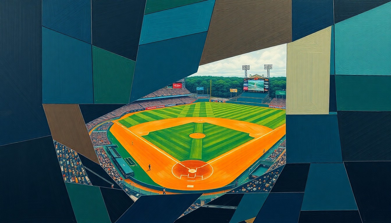 A fractured, geometric painting in navy, green, and orange hues, conceptually representing the rescheduling of a college baseball series due to weather conditions.