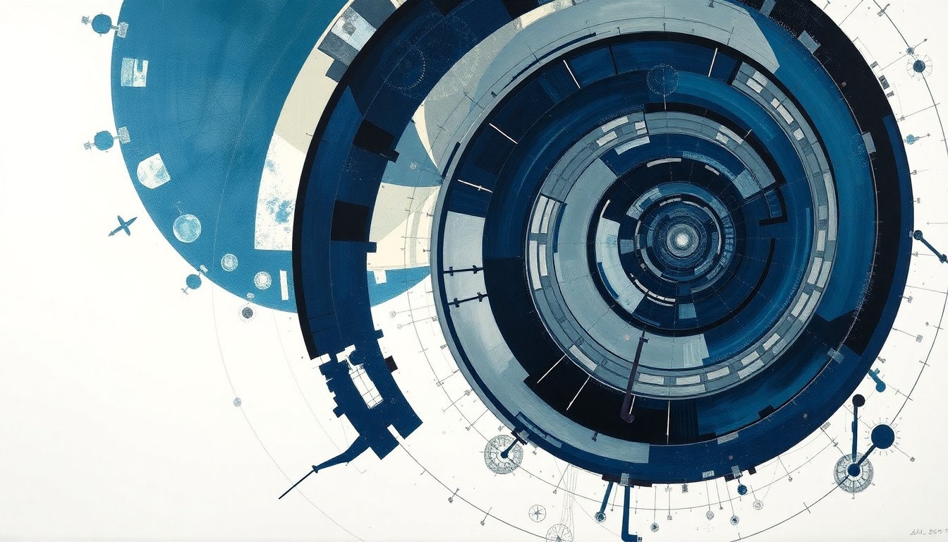 A bold, abstract painting in shades of blue, gray, and metallic accents, featuring sweeping geometric forms and precise technical spirals, conceptually representing the complex systems and engineering prowess of the aerospace industry.