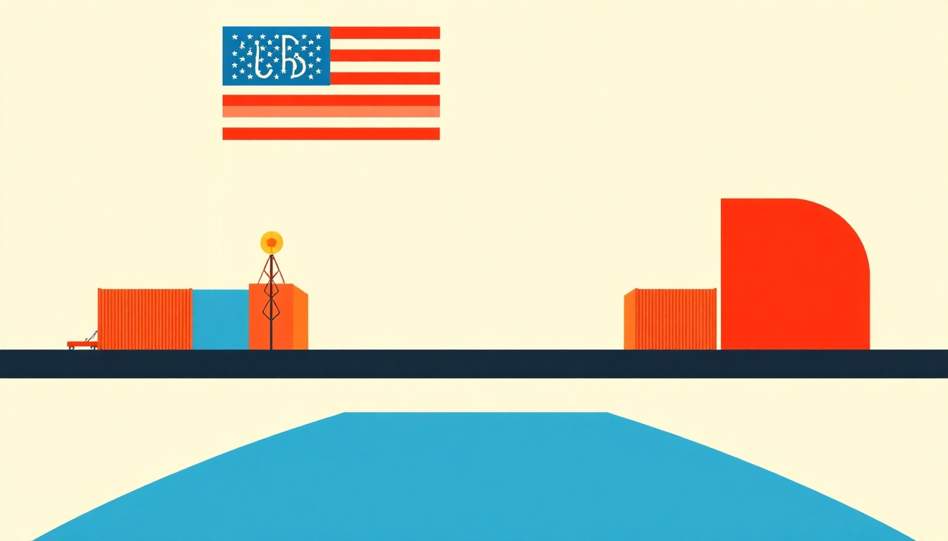A minimalist illustration composed of intersecting triangles and rectangles in shades of blue, red, and yellow, conceptually representing the complex web of global trade dynamics and the United States' efforts to reshape them.