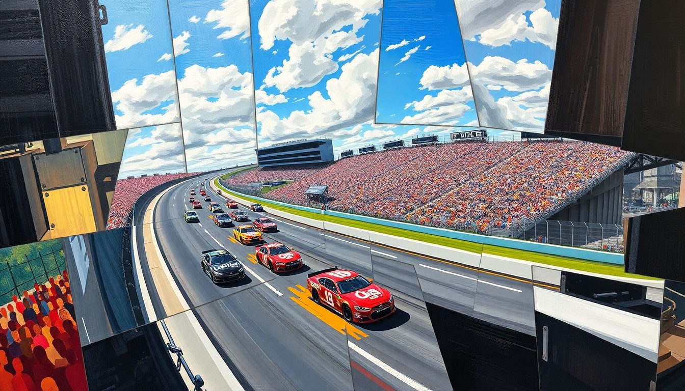 A cubist, geometric painting depicting a NASCAR race at Talladega Superspeedway, with the track, cars, and motion broken down into sharp, overlapping planes of color and shape.