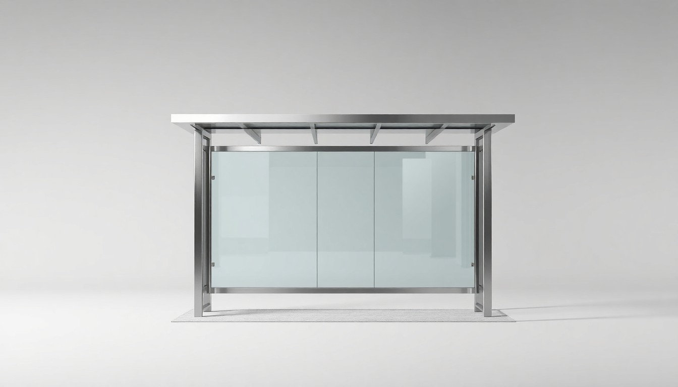 A photorealistic studio still-life photograph of a modern, minimalist bus stop shelter made of polished steel and tempered glass, representing the infrastructure upgrades that will be funded by a grant to expand Edmond's public transportation network.