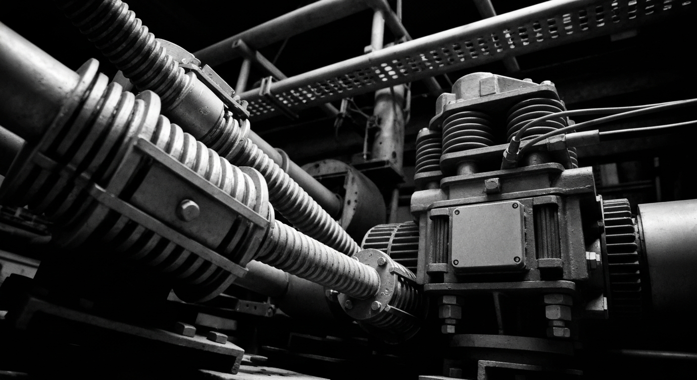 A high-contrast, black-and-white close-up image of the intricate mechanical components and heavy machinery used in the telecommunications and electrical infrastructure industry, conveying the industrial power and technical complexity of Preformed Line Products' engineered solutions.