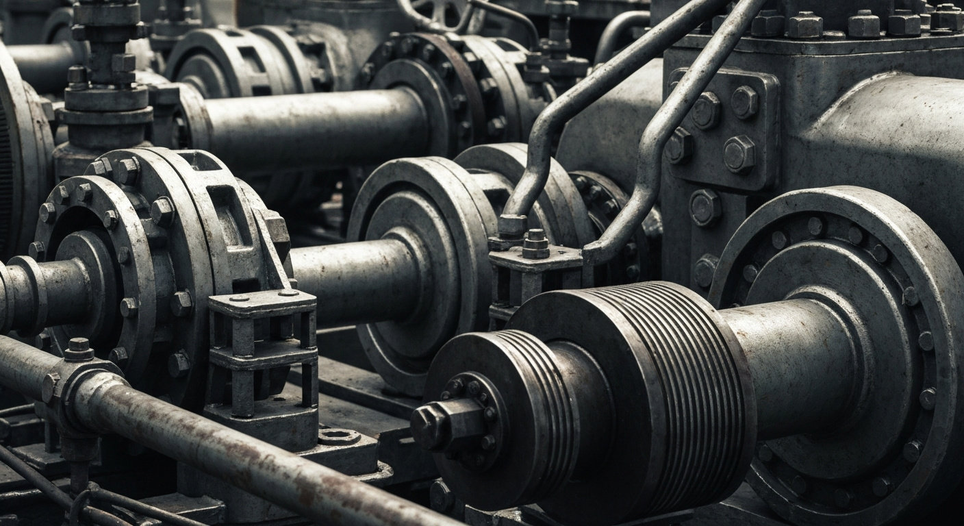 A cinematic close-up of heavy, industrial oil and gas machinery in muted tones of steel grey, rust, and black, conveying the physical infrastructure and capital-intensive nature of the energy industry.