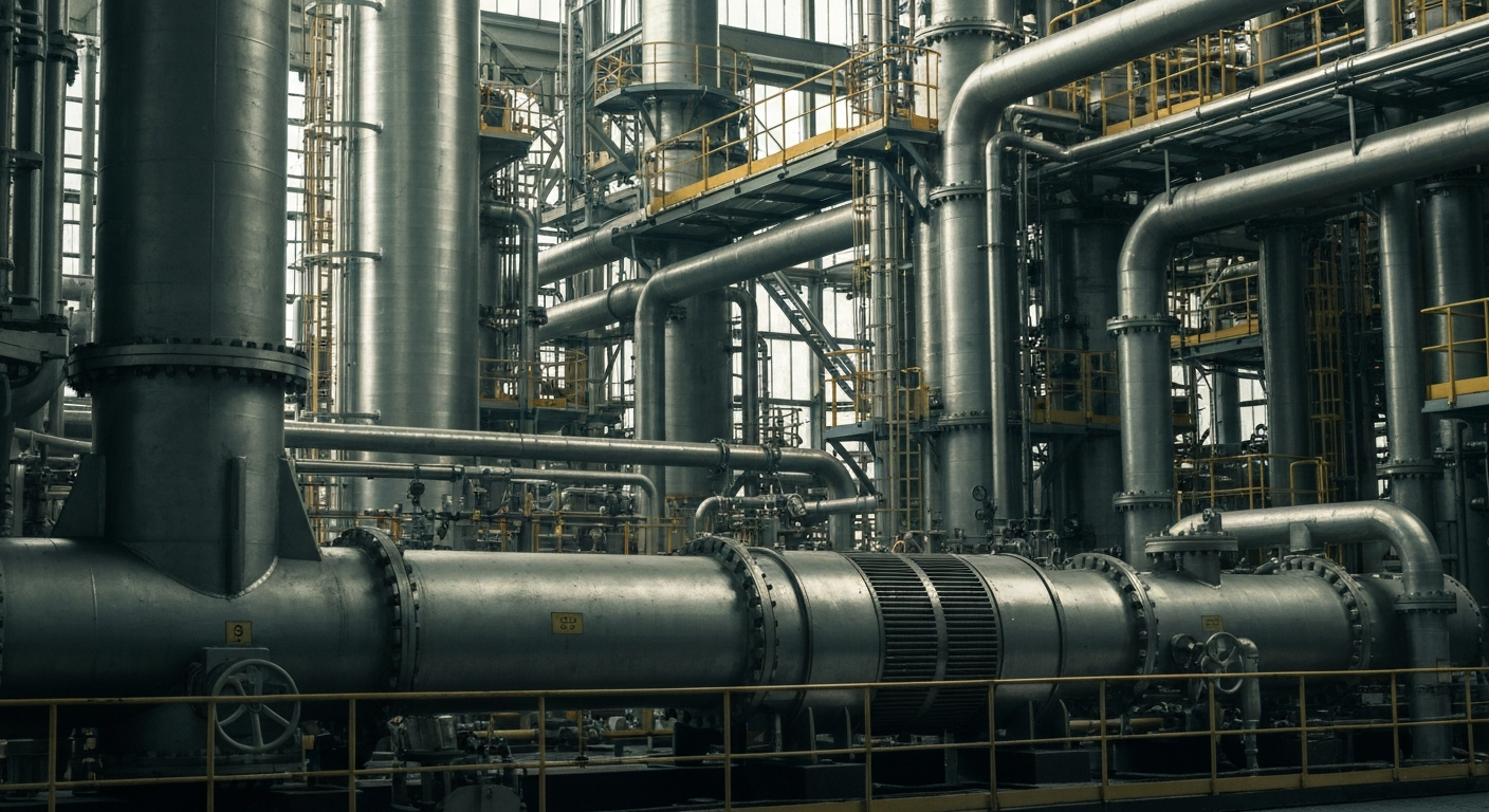 An extreme close-up of complex, heavy industrial machinery and equipment used in chemical manufacturing, conveying the tangible, physical nature of Lsb Industries' operations.