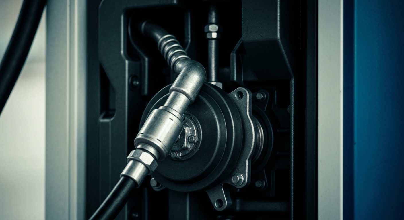An extreme close-up of the inner components of a gas station fuel pump, with a focus on the intricate mechanical details and a sense of industrial power, conceptually representing the complex operations behind Murphy USA's retail fuel business.