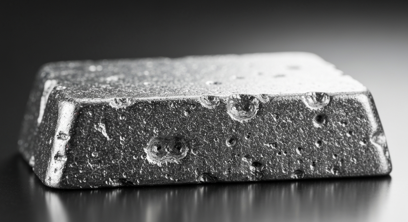 An extreme close-up of a highly reflective, metallic industrial object in shades of silver and grey, conceptually representing the heavy machinery and materials at the heart of IperionX's business.