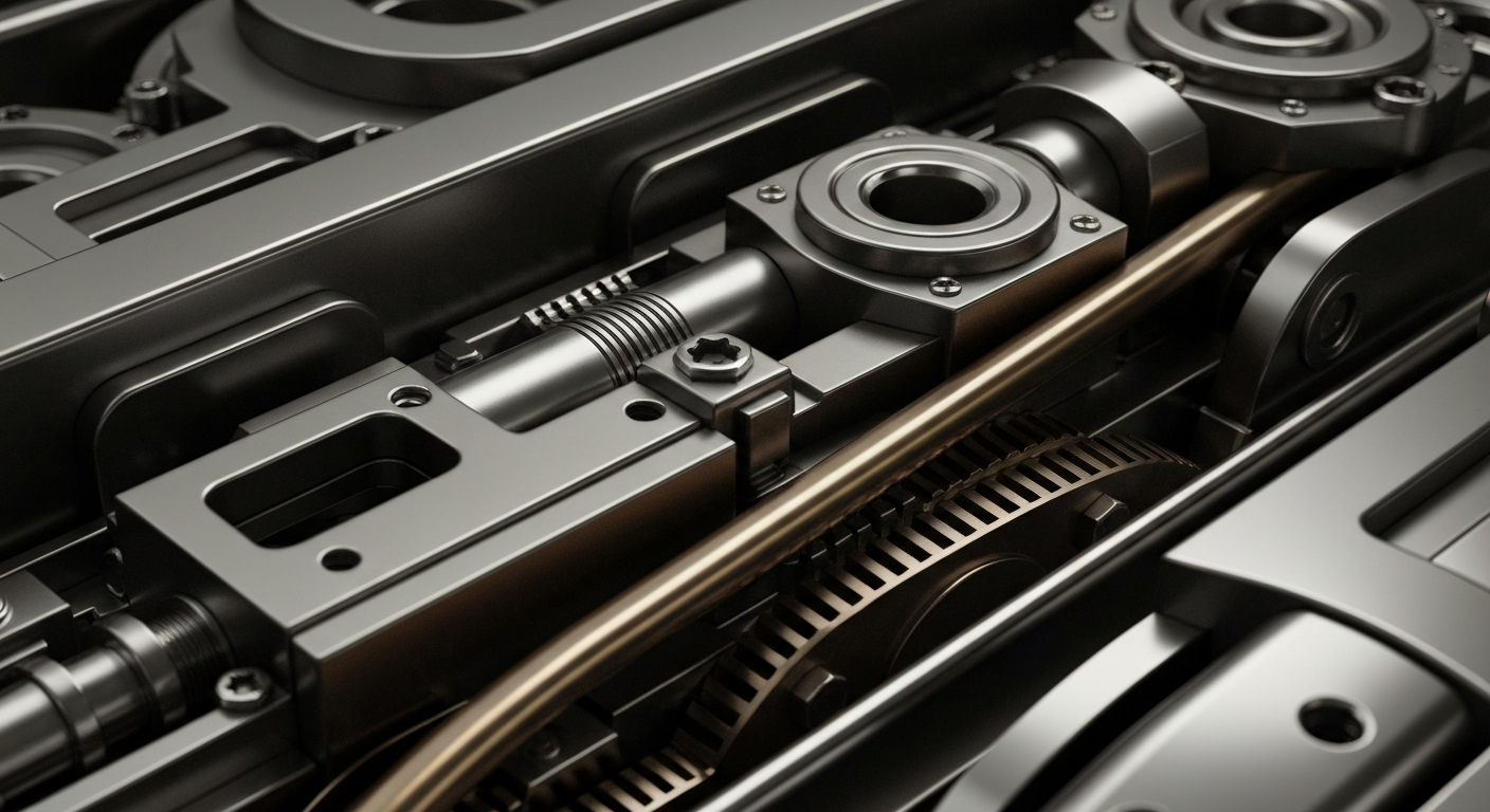 An extreme close-up of complex, interlocking industrial machinery and components in shades of steel gray, bronze, and chrome, conveying the secure, tangible nature of VSE's financial performance.