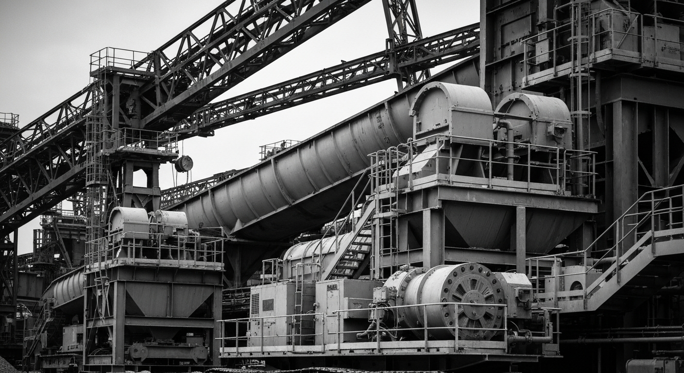 A high-contrast black and white close-up photograph of heavy industrial mining and processing equipment, conveying the scale, complexity, and technical nature of rare earth element extraction and refinement.