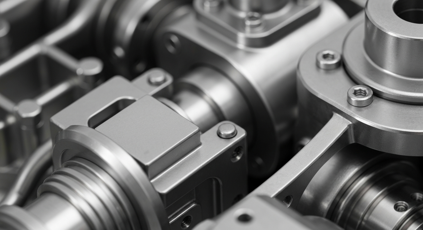 An extreme close-up photograph of complex, interlocking metal components and machinery, representing the precision engineering and industrial capabilities of Astronics' aerospace and defense products.