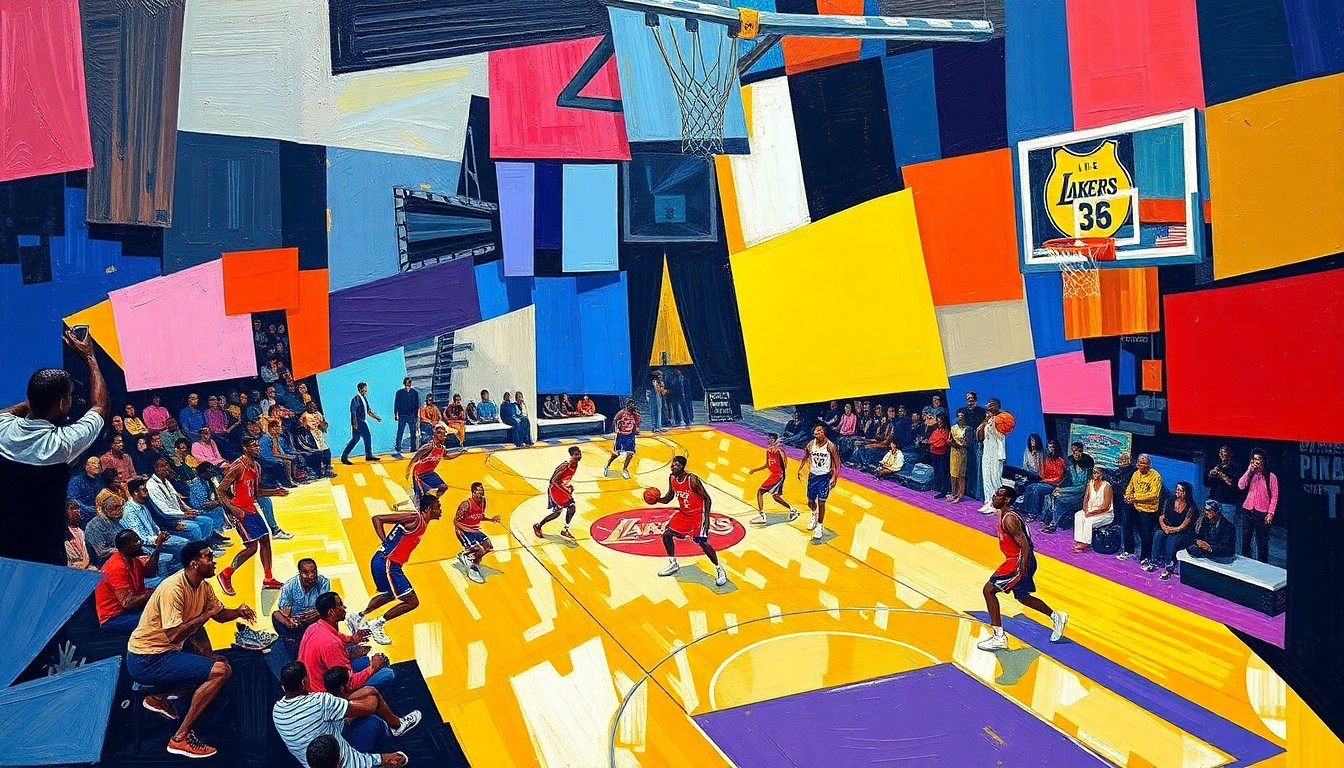 A fractured, cubist-style painting depicting a basketball game, with the players and court broken down into sharp, overlapping geometric shapes and planes of vibrant colors, capturing the dynamic energy of the sport.