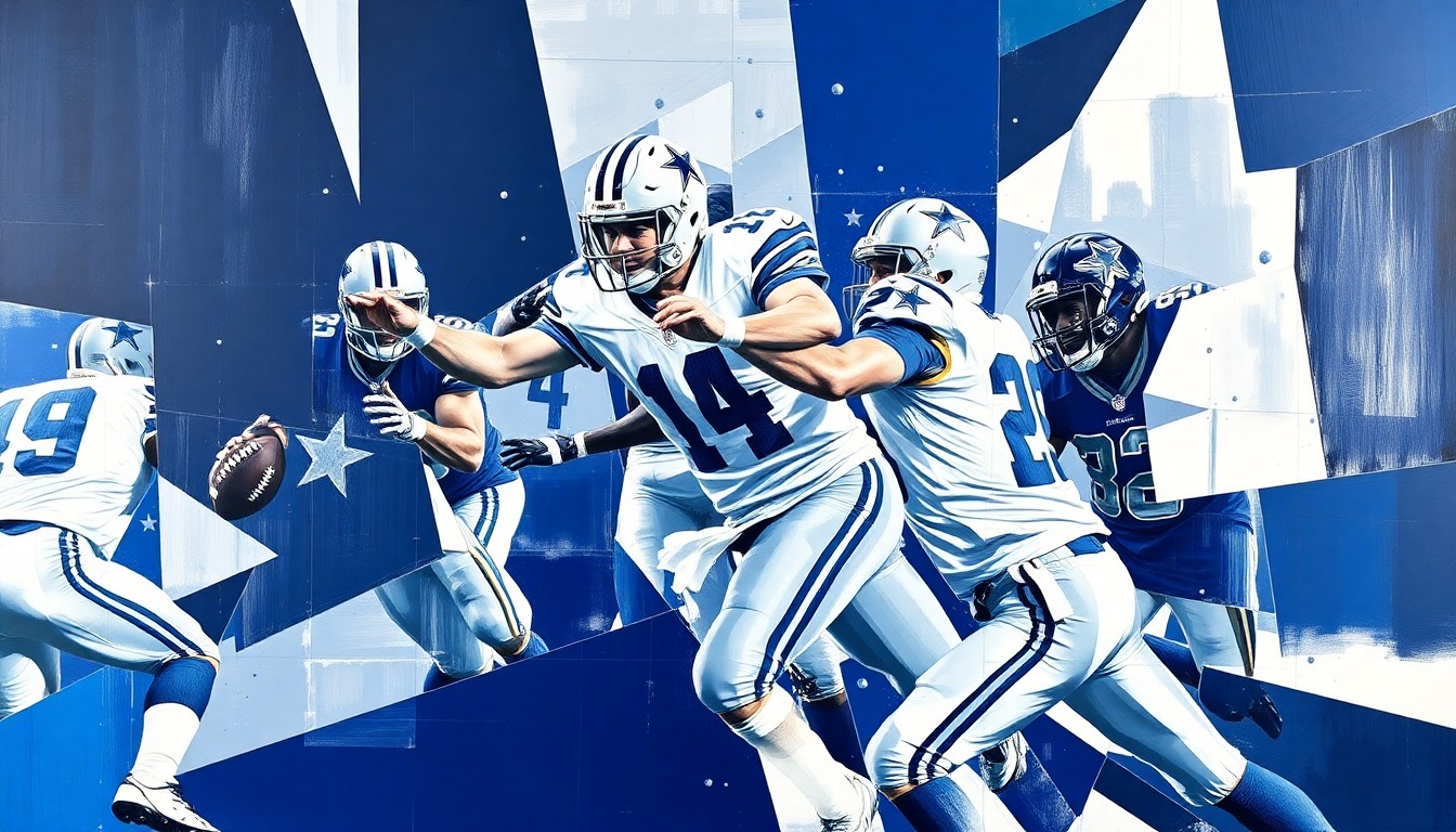 A fragmented, geometric painting depicting a football player in motion, with sharp planes of navy blue, silver, and white representing the Dallas Cowboys' team colors.