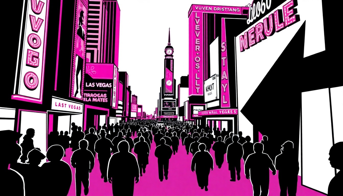 An abstract illustration composed of stark, angular black shapes against a bright pink background, conveying the high-energy, celebratory atmosphere of a parade through the city.