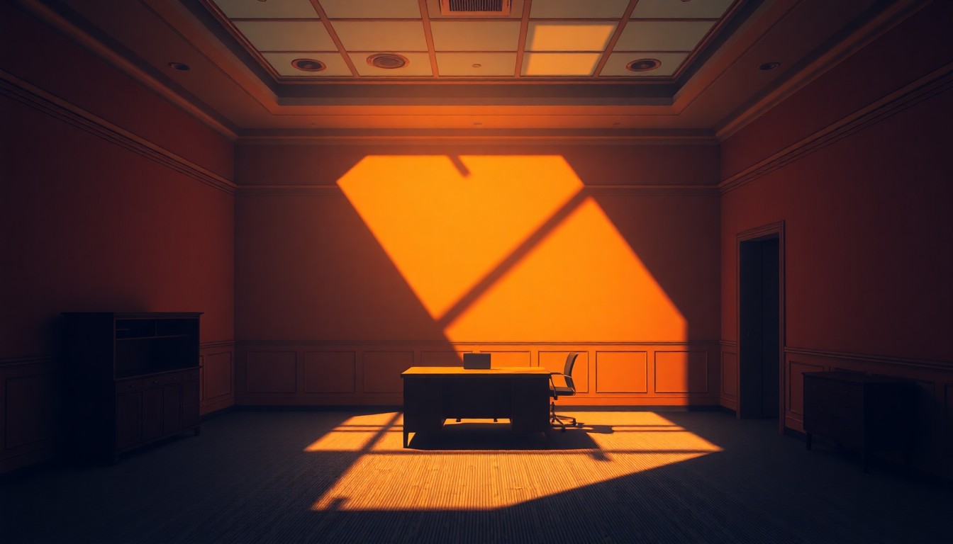 A dimly lit, cinematic government office space with a lone desk and chair, the scene bathed in warm, diagonal sunlight and deep shadows, conveying a sense of political tension and uncertainty.
