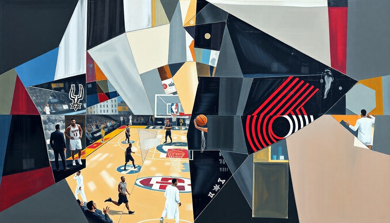 A fragmented, geometric painting depicting a basketball game, with the players and court broken down into sharp, overlapping shapes and planes in a cubist style, conveying the disruption caused by the Spurs' key injuries.