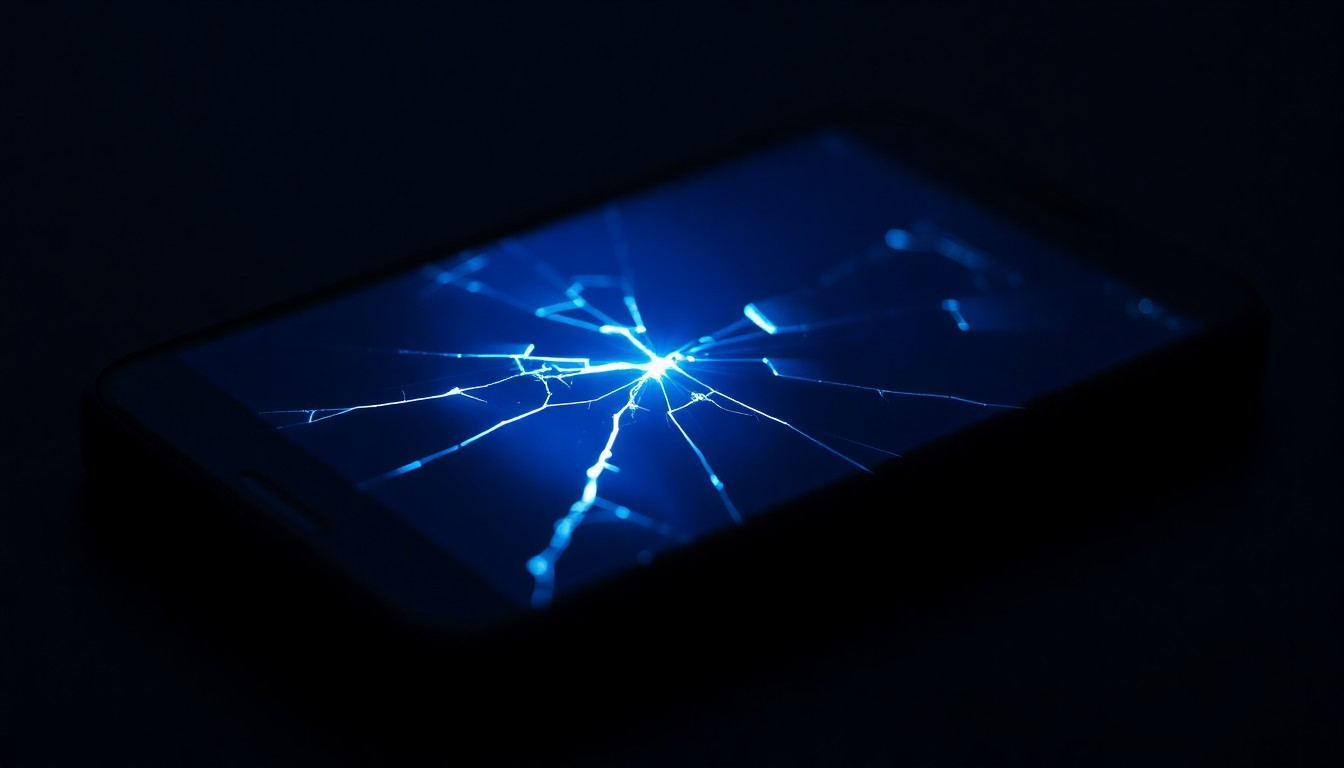 An extreme close-up of a cracked smartphone screen reflecting a faint blue light, conceptually illustrating the possession of illegal digital content.