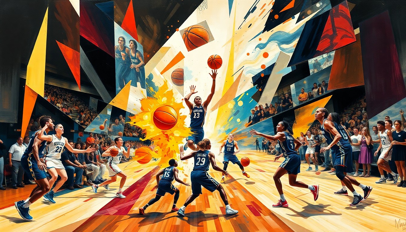 A cubist, geometric painting depicting the dynamic movements and energy of a WNBA basketball game, with the players' forms fractured into overlapping planes of color and shape.