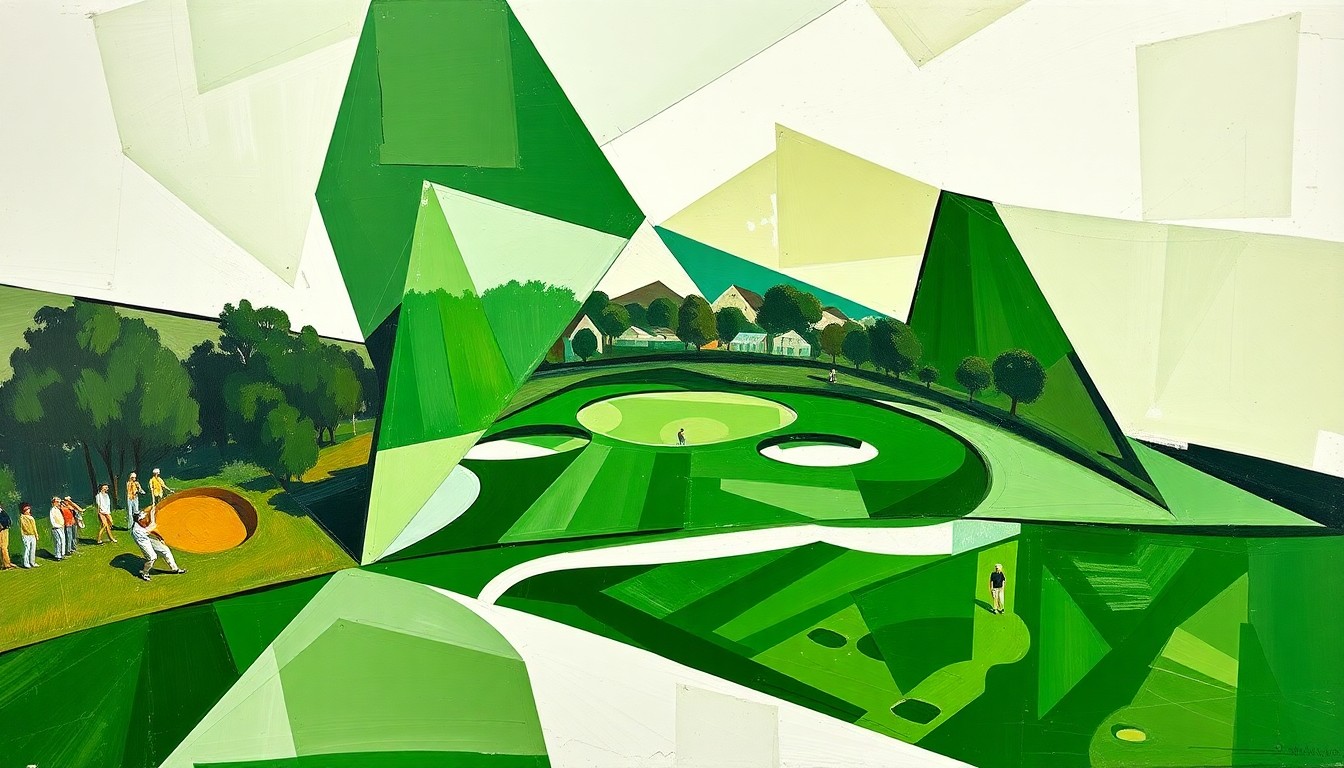 A cubist, geometric painting depicting a fragmented, abstract scene of a golf tournament, with sharp, overlapping shapes in shades of green, white, and brown conveying the sport's dynamic energy and the nuanced ties between the Masters and Tiger Woods.