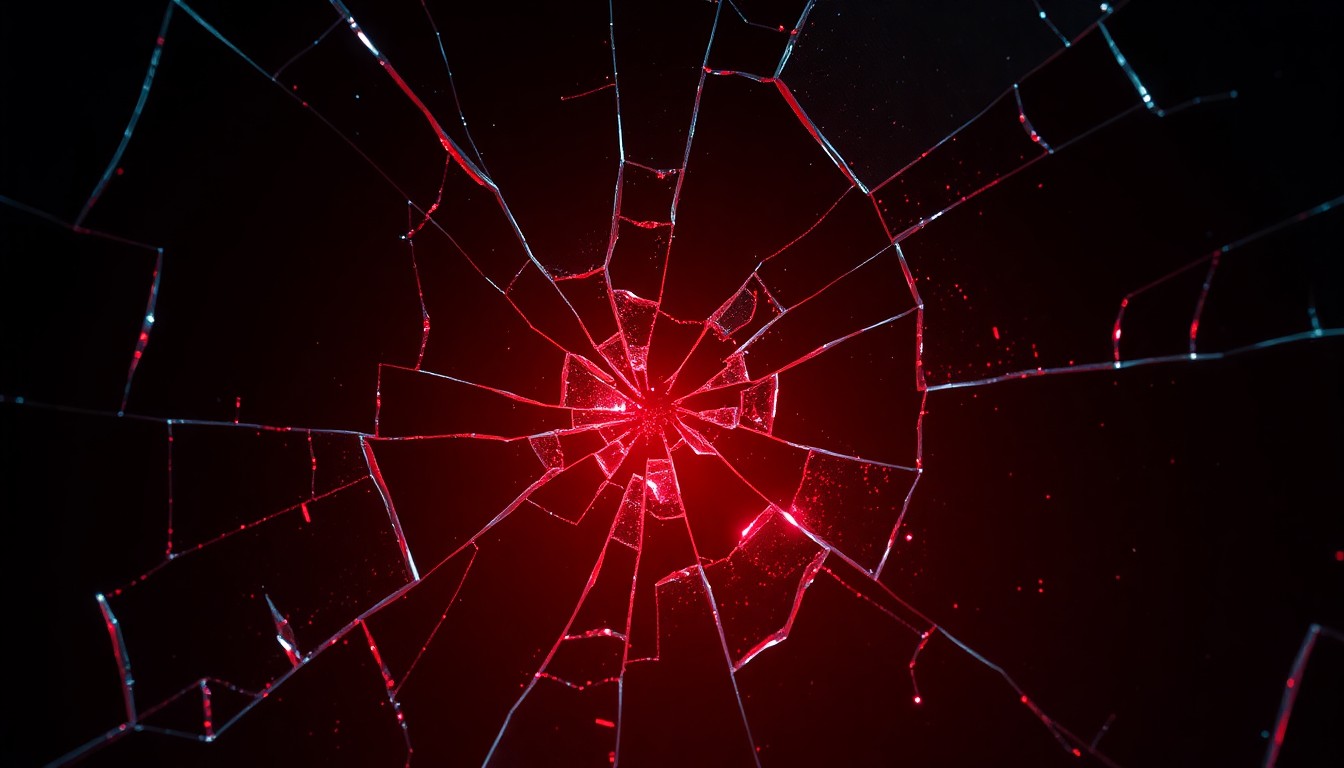 An abstract close-up photograph of a shattered glass surface reflecting a faint red light, conveying the fragility and high-stakes nature of an actor's unexpected health crisis.