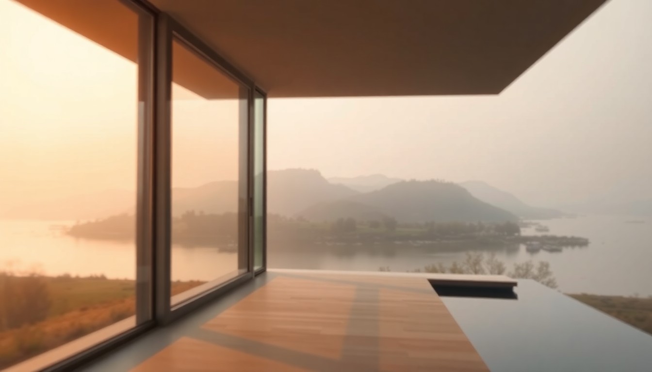 An extremely abstracted, out-of-focus photograph shot through condensation or rain-streaked glass, depicting the exterior of a modernist home with floor-to-ceiling windows overlooking a river in soft pools of warm color and light.