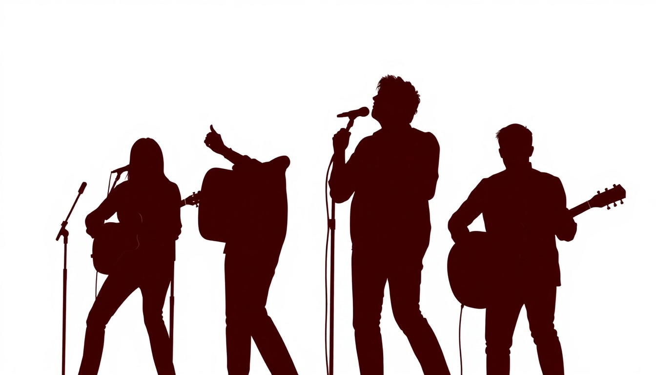 An abstract illustration using bold, jagged black shapes and high-contrast solid colors like deep red and bright white, conceptually representing the energy and emotion of a live musical performance.