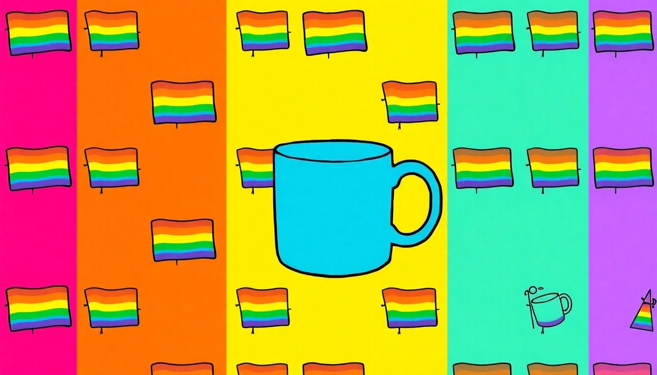A brightly colored, high-contrast silkscreen print of a rainbow flag repeated in a tight grid pattern, conceptually representing the visibility and celebration of the local sapphic community.