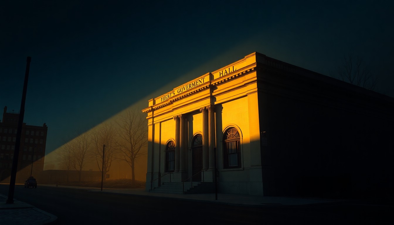 A nostalgic, cinematic painting of a government building in Raleigh, North Carolina, with warm sunlight and deep shadows creating a somber, contemplative mood.