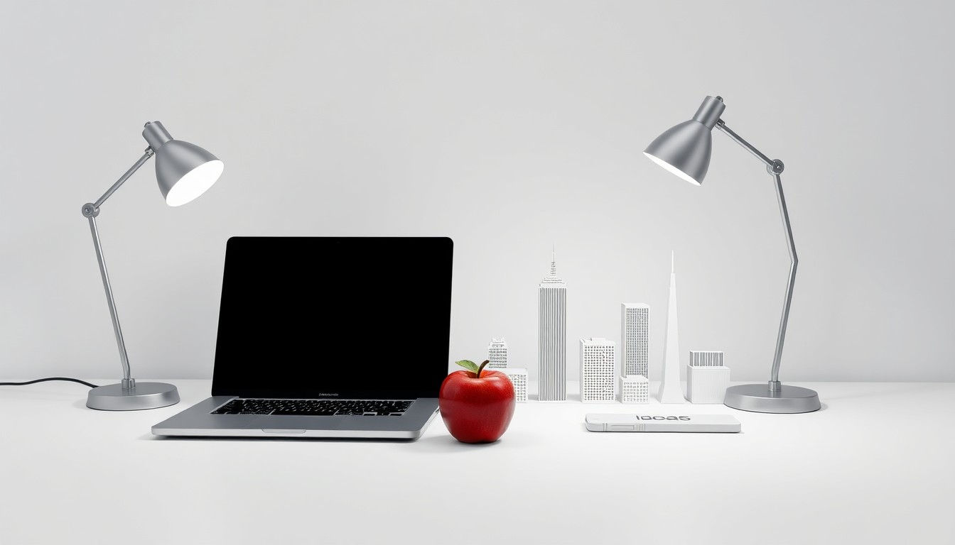 A high-end, photorealistic studio still-life photograph featuring a clean, monochromatic background with a carefully arranged composition of premium, polished objects representing the key elements of the IDEASF forum, including a sleek laptop, a modern desk lamp, a stylized 3D model of the San Francisco skyline, and a single red apple symbolizing the city's innovative spirit.
