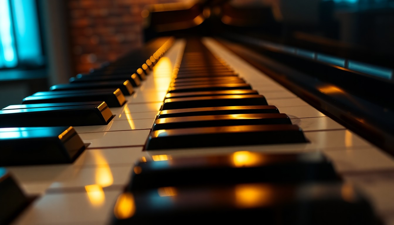 An extreme close-up photograph of the intricate, reflective keys of a grand piano, capturing the luxurious textures and dramatic lighting of a classical music performance.