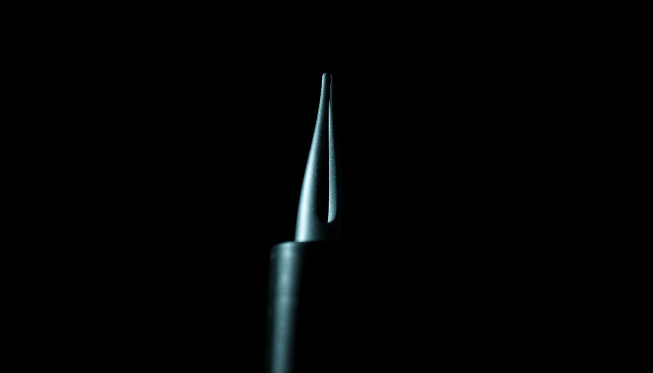 An extreme close-up photograph of a medical examination tool, such as a speculum or otoscope, lit by a harsh, direct camera flash against a pitch-black background, creating a stark, gritty, investigative aesthetic.