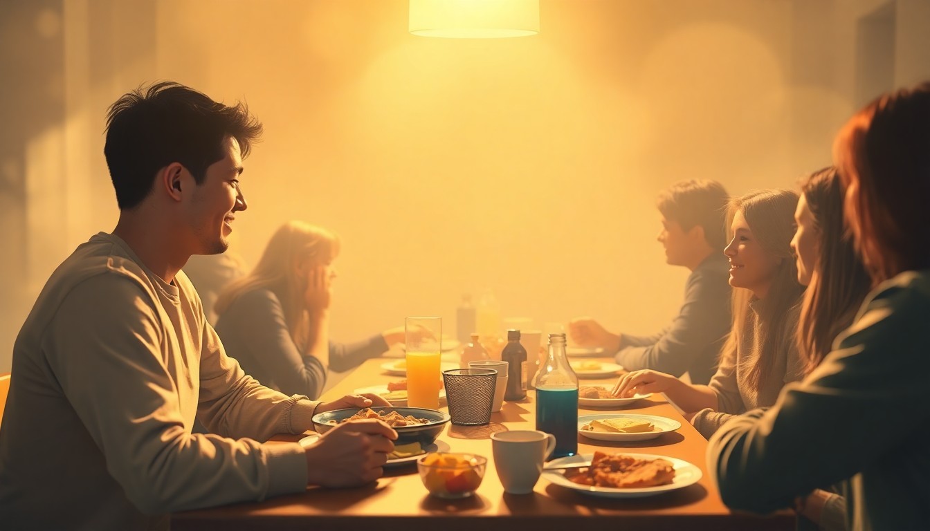 A blurred, dreamlike image of people gathered around a table, their faces and forms obscured in a warm, hazy glow, conveying a sense of intimate community and creative energy.