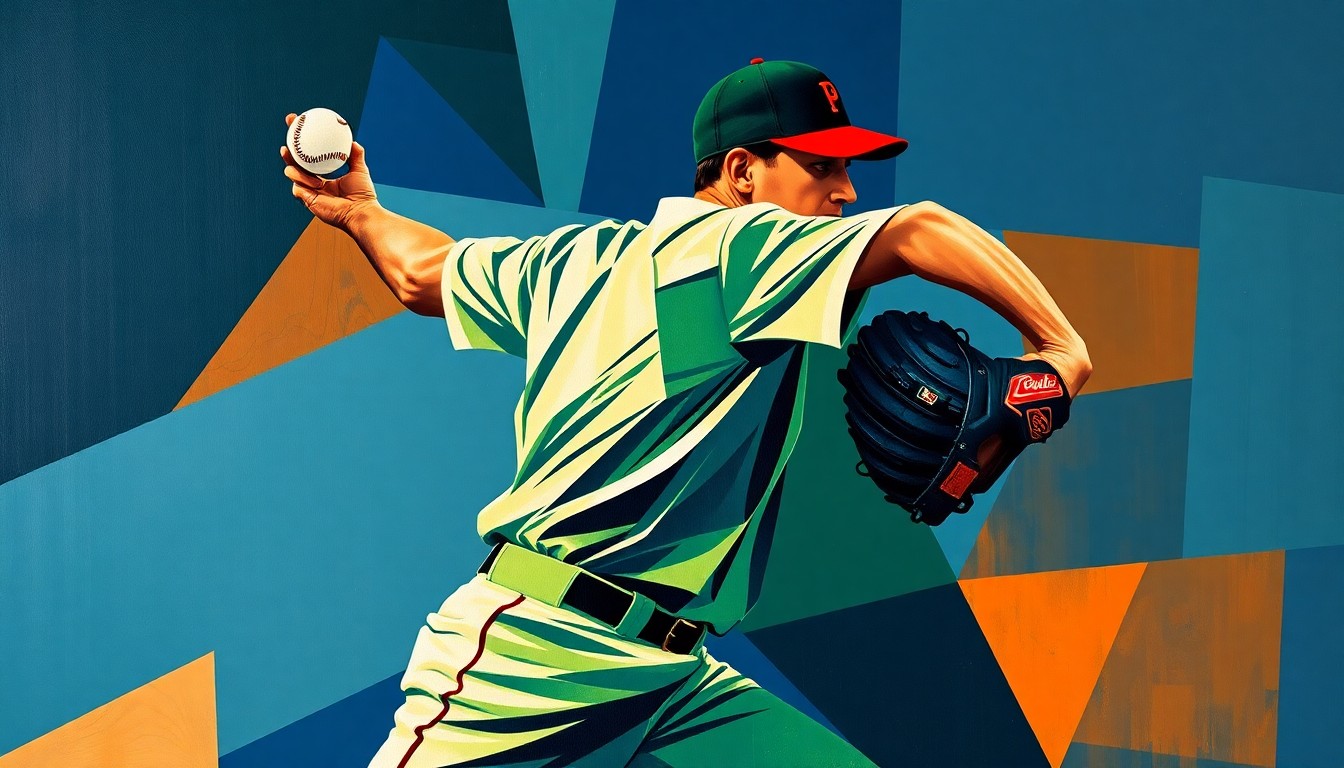 A cubist, geometric painting depicting a baseball pitcher's windup and delivery, with sharp, overlapping planes of navy, green, and orange conveying the raw power and intensity of an elite pitching performance.