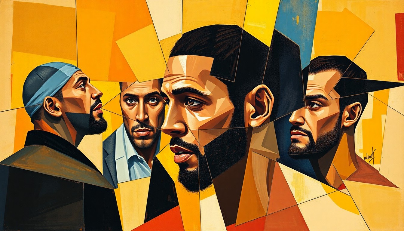 A cubist, geometric painting depicting the moment Anthony Davis learned he was traded, with sharp, overlapping planes of color and form representing the fractured emotions and perspectives of the blockbuster deal.