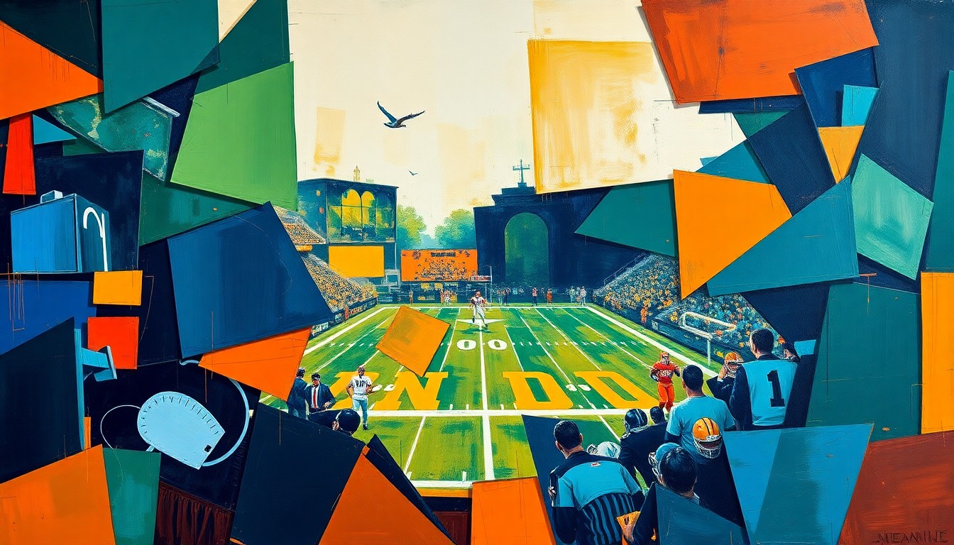 A cubist, geometric painting depicting fragmented, overlapping shapes and planes in navy, green, and orange hues, representing the multifaceted nature of the Jets' draft plans.
