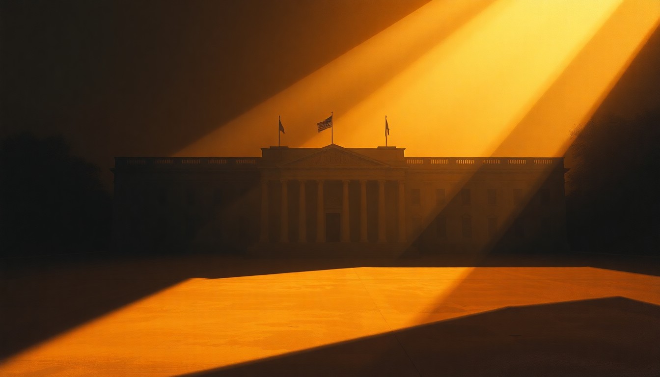 A moody, cinematic painting of an empty government building or political office, with warm diagonal sunlight streaming through the windows and deep shadows covering much of the scene, conceptually representing the geopolitical tensions and uncertainty in the Gulf region following a recent ceasefire agreement.