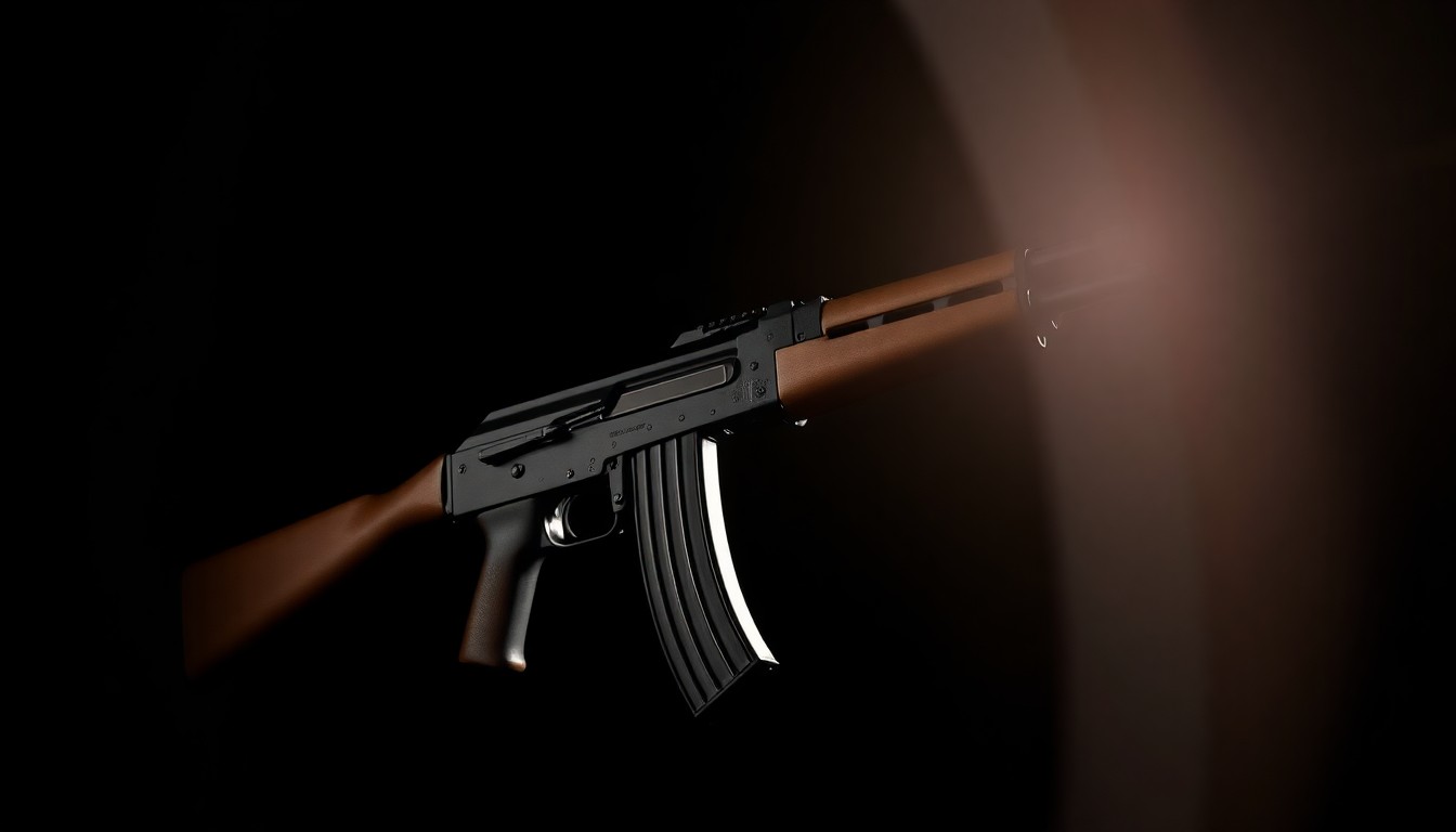 An extreme close-up photograph of an AK-47 assault rifle against a pitch-black background, capturing the stark, gritty, and investigative aesthetic of the weapon without depicting any actual violence.