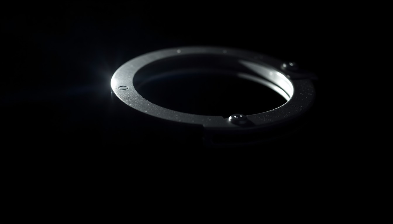 An extreme close-up photograph of a metal object, such as a handcuff or a piece of broken glass, lit by a harsh, direct camera flash against a pitch-black background, creating a stark, gritty, investigative aesthetic.