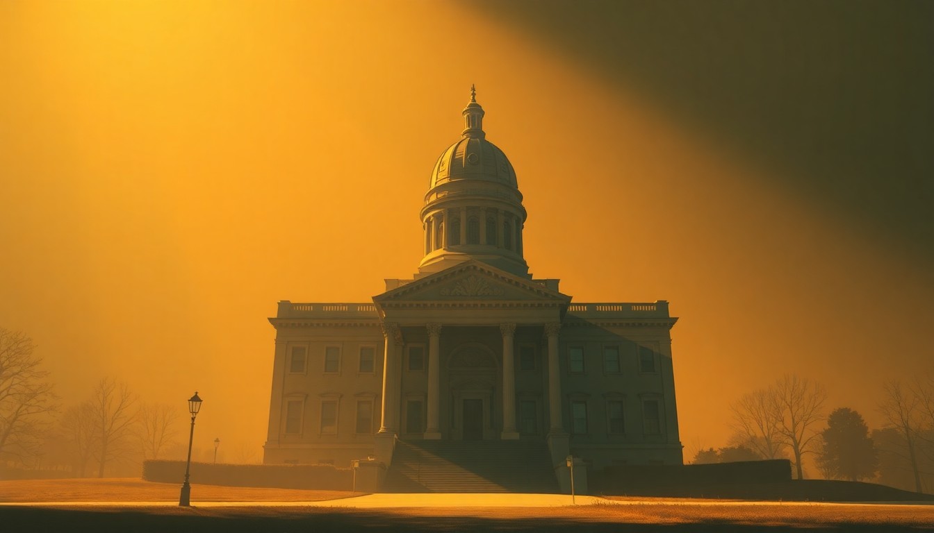 A photorealistic painting of a stately government building in warm, golden light, with deep shadows across the facade, conveying a sense of political drama and uncertainty.