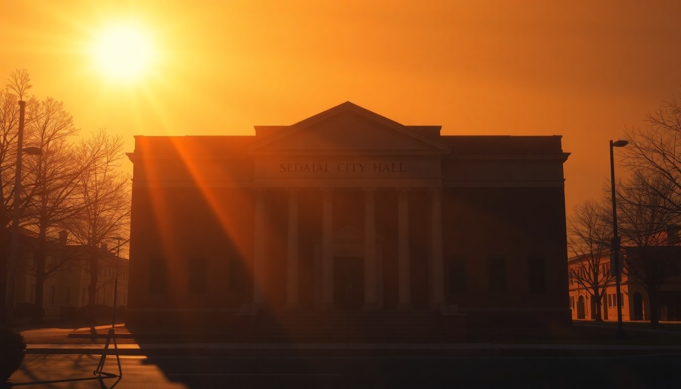 A serene, cinematic painting of the Sedalia City Hall building, its facade and windows illuminated by warm, golden sunlight, with deep shadows casting a contemplative mood over the scene, capturing the sense of political transition in the community.