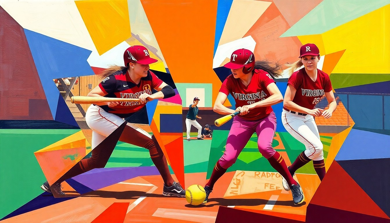 A cubist, geometric illustration depicting the dynamic action of a softball game, with the ball and players' movements represented through sharp, overlapping shapes and planes in the team's vibrant colors.