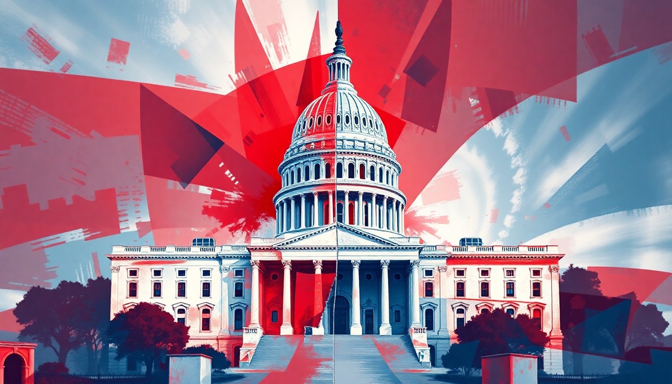 A colorful, fragmented painting depicting the U.S. Capitol building, representing the divisive debate over immigration policy in Congress.