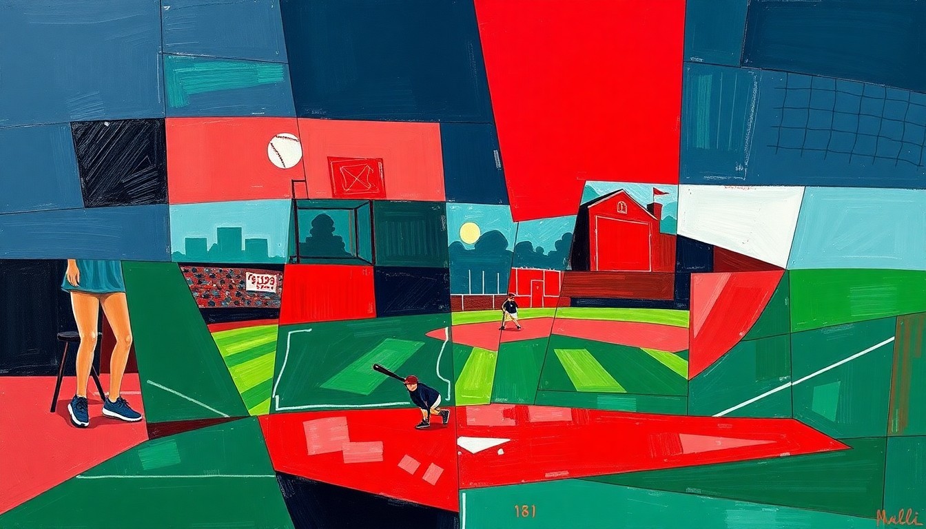A fragmented, geometric painting depicting the dynamic movements and energy of a high school baseball or softball game, with sharp planes of navy, green, and red colors.