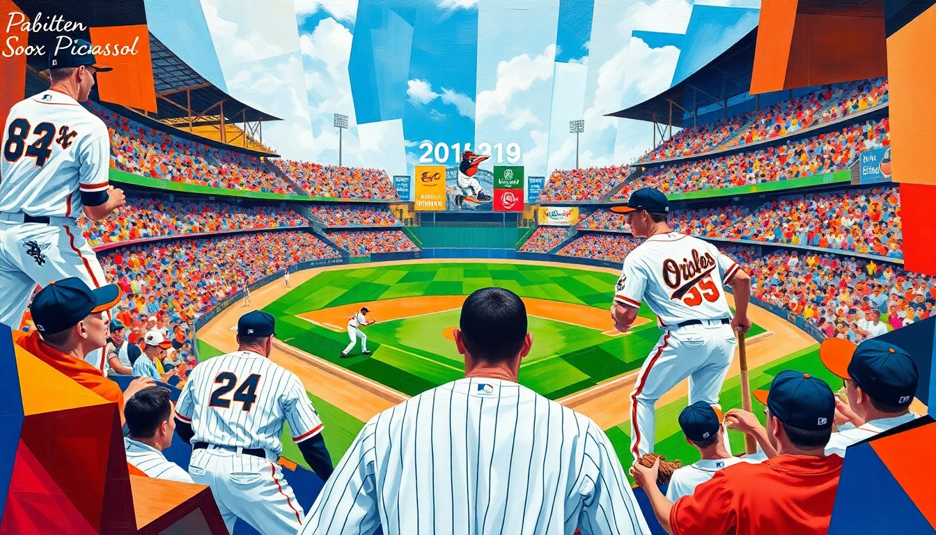 A cubist-style painting depicting a baseball game broken down into sharp, overlapping geometric shapes and planes in the team colors of the White Sox and Orioles.