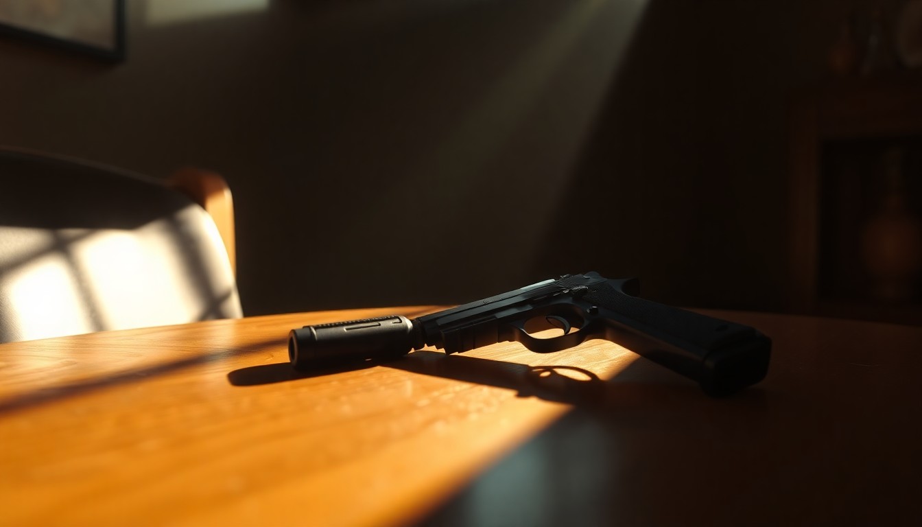 A close-up view of a handgun resting on a wooden table, the scene bathed in warm, dramatic lighting that creates a sense of melancholy and unease, reflecting the emotional consequences of unintentional gun deaths of children.